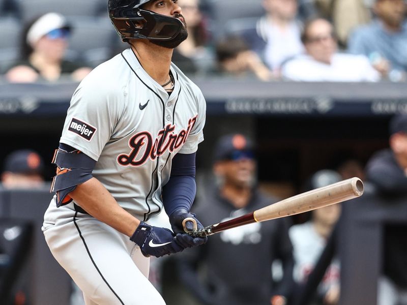 May 4, 2024; Bronx, New York, USA;  Detroit Tigers left fielder Riley Greene (31) hits a solo home run in the first inning against the New York Yankees at Yankee Stadium. Mandatory Credit: Wendell Cruz-USA TODAY Sports