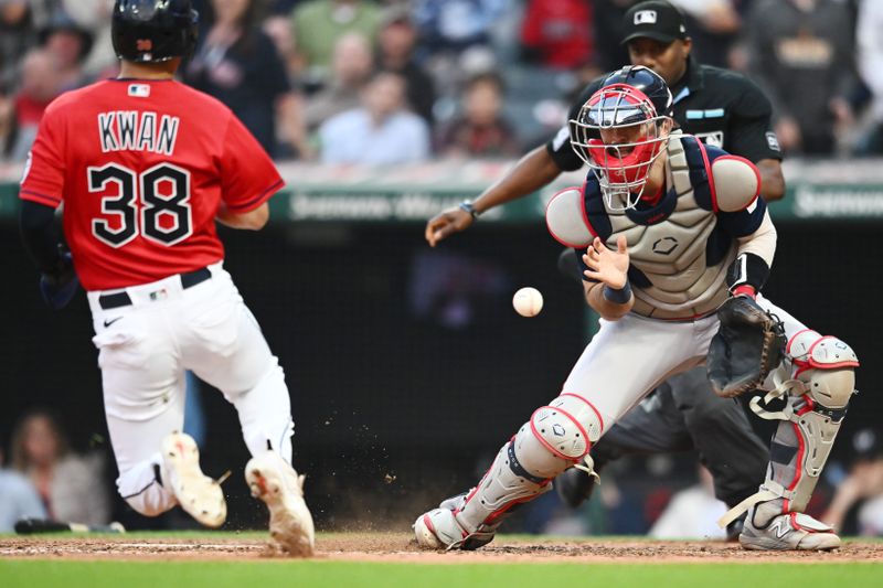 Jun 7, 2023; Cleveland, Ohio, USA; Boston Red Sox catcher Connor Wong (12) waits for the ball as Cleveland Guardians left fielder Steven Kwan (38) scores during the fifth inning at Progressive Field. Mandatory Credit: Ken Blaze-USA TODAY Sports