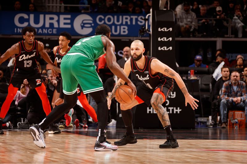 DETROIT, MI - MARCH 22: Evan Fournier #31 of the Detroit Pistons  plays defense against the Boston Celtics on March 22, 2024 at Little Caesars Arena in Detroit, Michigan. NOTE TO USER: User expressly acknowledges and agrees that, by downloading and/or using this photograph, User is consenting to the terms and conditions of the Getty Images License Agreement. Mandatory Copyright Notice: Copyright 2024 NBAE (Photo by Brian Sevald/NBAE via Getty Images)