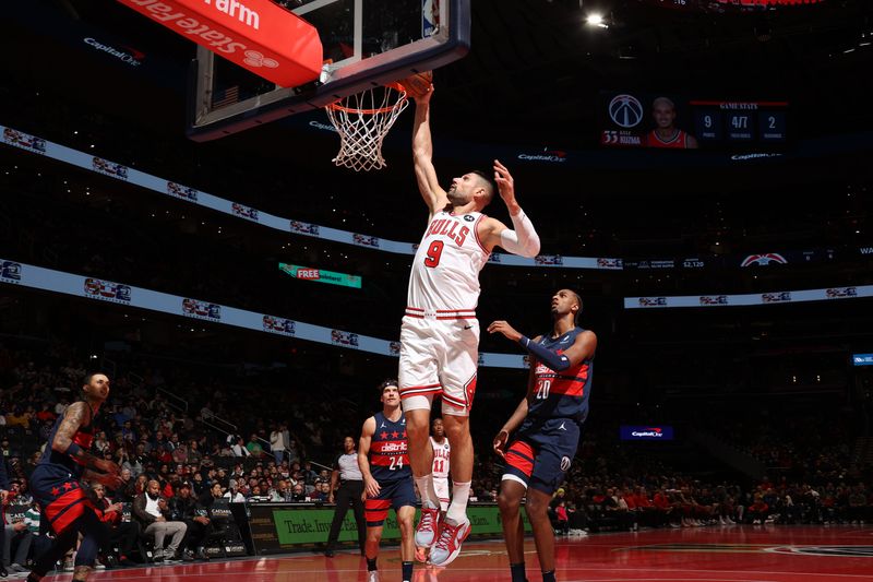 WASHINGTON, DC -? NOVEMBER 26: Nikola Vucevic #9 of the Chicago Bulls dunks the ball during the game against the Washington Wizards during the Emirates NBA Cup game on November 26, 2024 at Capital One Arena in Washington, DC. NOTE TO USER: User expressly acknowledges and agrees that, by downloading and or using this Photograph, user is consenting to the terms and conditions of the Getty Images License Agreement. Mandatory Copyright Notice: Copyright 2024 NBAE (Photo by Stephen Gosling/NBAE via Getty Images)