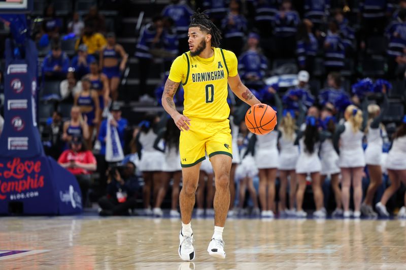 Feb 22, 2026; Memphis, Tennessee, USA; UAB Blazers guard Dayjaun Anderson (0) handles the ball against the UAB Blazers during the second half at FedExForum. Mandatory Credit: Wesley Hale-Imagn Images