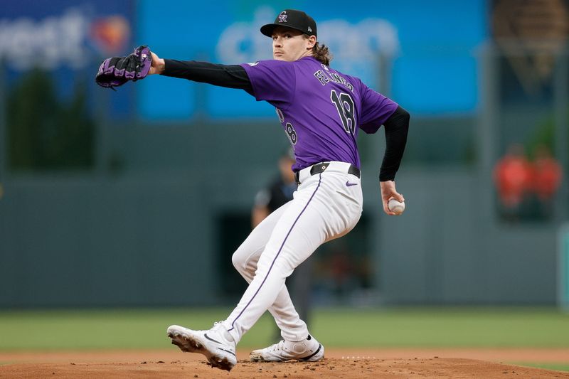 Jun 3, 2024; Denver, Colorado, USA; Colorado Rockies starting pitcher Ryan Feltner (18) pitches in the first inning against the Cincinnati Reds at Coors Field. Mandatory Credit: Isaiah J. Downing-USA TODAY Sports