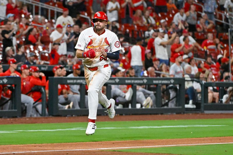 Sep 11, 2024; St. Louis, Missouri, USA;  St. Louis Cardinals center fielder Michael Siani (63) reacts as he scores the go ahead run against the Cincinnati Reds during the eighth inning at Busch Stadium. Mandatory Credit: Jeff Curry-Imagn Images