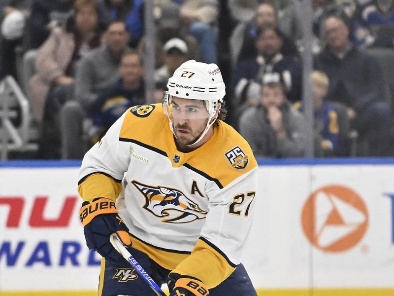 Nov 24, 2023; St. Louis, Missouri, USA;  Nashville Predators defenseman Ryan McDonagh (27) controls the puck against the St. Louis Blues during the first period at Enterprise Center. Mandatory Credit: Jeff Curry-USA TODAY Sports