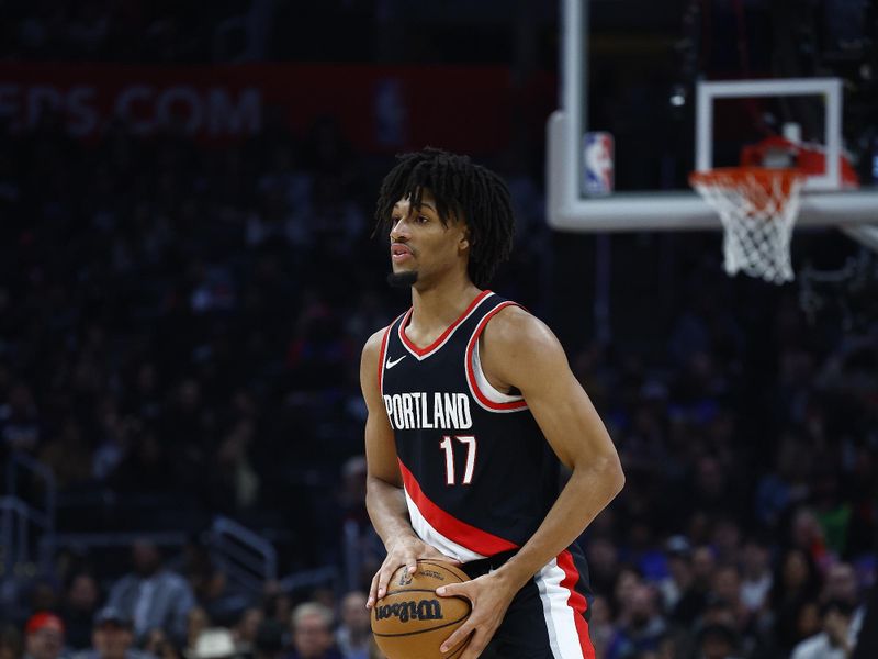 LOS ANGELES, CALIFORNIA - DECEMBER 11:  Shaedon Sharpe #17 of the Portland Trail Blazers at Crypto.com Arena on December 11, 2023 in Los Angeles, California.  NOTE TO USER: User expressly acknowledges and agrees that, by downloading and/or using this photograph, user is consenting to the terms and conditions of the Getty Images License Agreement. (Photo by Ronald Martinez/Getty Images)