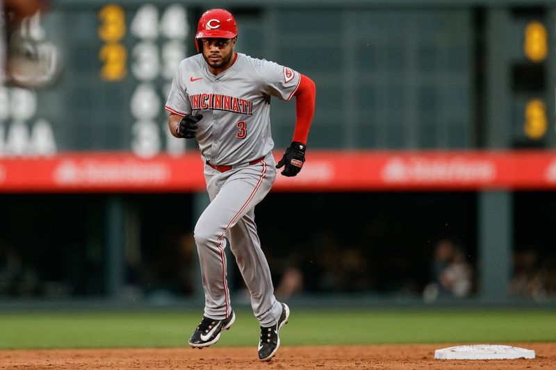 Jun 3, 2024; Denver, Colorado, USA; Cincinnati Reds third baseman Jeimer Candelario (3) rounds the bases on a two run home run in the third inning against the Colorado Rockies at Coors Field. Mandatory Credit: Isaiah J. Downing-USA TODAY Sports