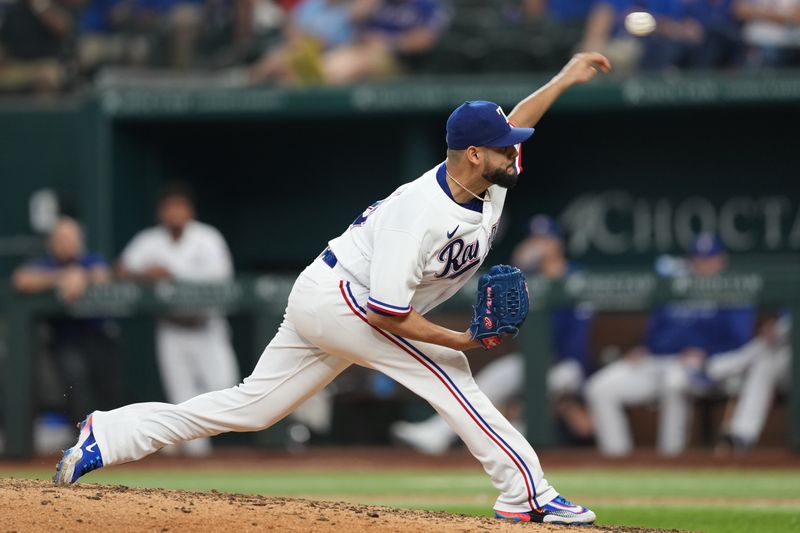 Sep 20, 2023; Arlington, Texas, USA; Texas Rangers starting pitcher Martin Perez (54) delivers a pitch to the Boston Red Sox during the seventh inning at Globe Life Field. Mandatory Credit: Jim Cowsert-USA TODAY Sports