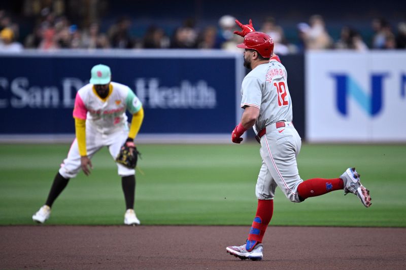 Apr 26, 2024; San Diego, California, USA; Philadelphia Phillies designated hitter Kyle Schwarber (12) rounds the bases after hitting a home run against the San Diego Padres during the first inning at Petco Park. Mandatory Credit: Orlando Ramirez-USA TODAY Sports