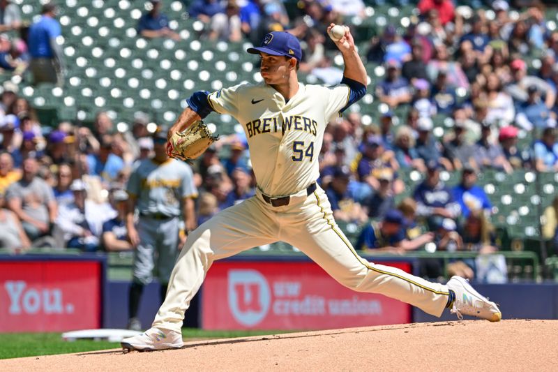 May 15, 2024; Milwaukee, Wisconsin, USA;  Milwaukee Brewers pitcher Robert Gasser (54) throws a pitch in the first inning against the Pittsburgh Piratesat American Family Field. Mandatory Credit: Benny Sieu-USA TODAY Sports