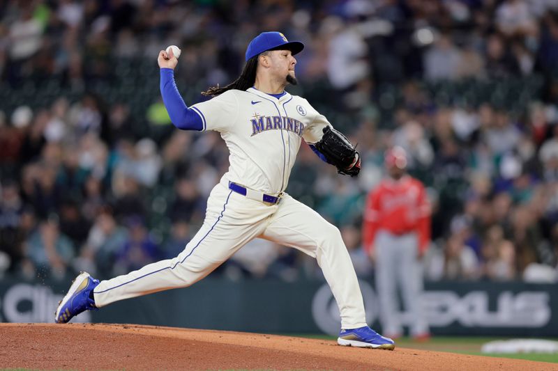 Jun 2, 2024; Seattle, Washington, USA; Seattle Mariners starting pitcher Luis Castillo (58) throws against the Los Angeles Angels during the first inning at T-Mobile Park. Mandatory Credit: John Froschauer-USA TODAY Sports