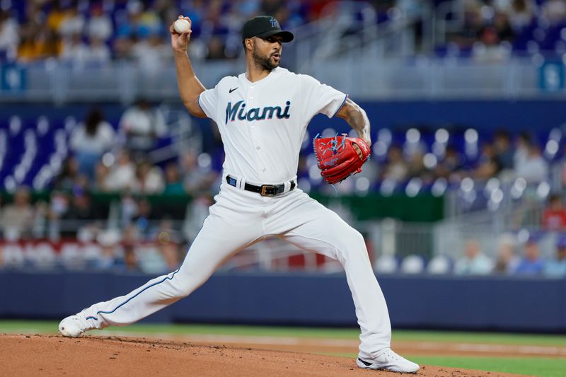 Jun 21, 2023; Miami, Florida, USA; Miami Marlins starting pitcher Sandy Alcantara (22) delivers a pitch against the Toronto Blue Jays during the first inning at loanDepot Park. Mandatory Credit: Sam Navarro-USA TODAY Sports