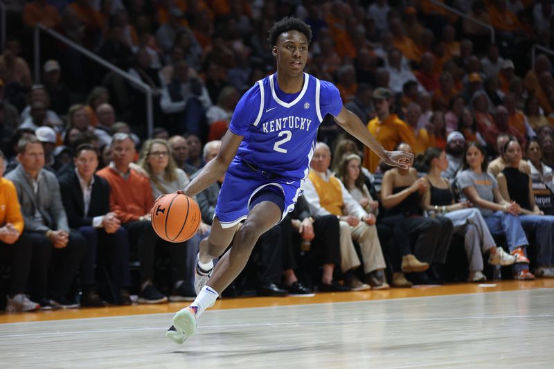 Jan 28, 2025; Knoxville, Tennessee, USA; Kentucky Wildcats guard Jaxson Robinson (2) moves the ball against the Tennessee Volunteers during the second half at Thompson-Boling Arena at Food City Center. Mandatory Credit: Randy Sartin-Imagn Images