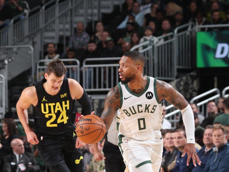 MILWAUKEE, WI - NOVEMBER 7: Damian Lillard #0 of the Milwaukee Bucks dribbles the ball during the game against the Utah Jazz on November 7, 2024 at Fiserv Forum Center in Milwaukee, Wisconsin. NOTE TO USER: User expressly acknowledges and agrees that, by downloading and or using this Photograph, user is consenting to the terms and conditions of the Getty Images License Agreement. Mandatory Copyright Notice: Copyright 2024 NBAE (Photo by Gary Dineen/NBAE via Getty Images).