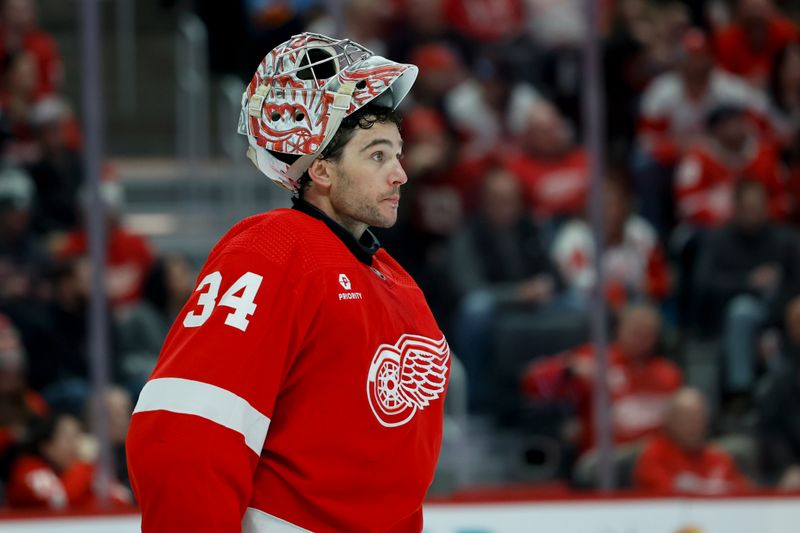 Mar 2, 2024; Detroit, Michigan, USA; Detroit Red Wings goaltender Alex Lyon (34) looks on in the third period against the Florida Panthers at Little Caesars Arena. Mandatory Credit: Rick Osentoski-USA TODAY Sports