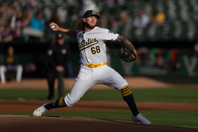 Jun 21, 2024; Oakland, California, USA; Oakland Athletics pitcher Joey Estes (68) pitches against the Minnesota Twins during the first inning at Oakland-Alameda County Coliseum. Mandatory Credit: Stan Szeto-USA TODAY Sports