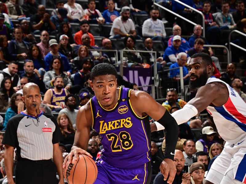 DETROIT, MI - NOVEMBER 4: Rui Hachimura #28 of the Los Angeles Lakers drives to the basket during the game against the Detroit Pistons on November 4, 2024 at Little Caesars Arena in Detroit, Michigan. NOTE TO USER: User expressly acknowledges and agrees that, by downloading and/or using this photograph, User is consenting to the terms and conditions of the Getty Images License Agreement. Mandatory Copyright Notice: Copyright 2024 NBAE (Photo by Chris Schwegler/NBAE via Getty Images)