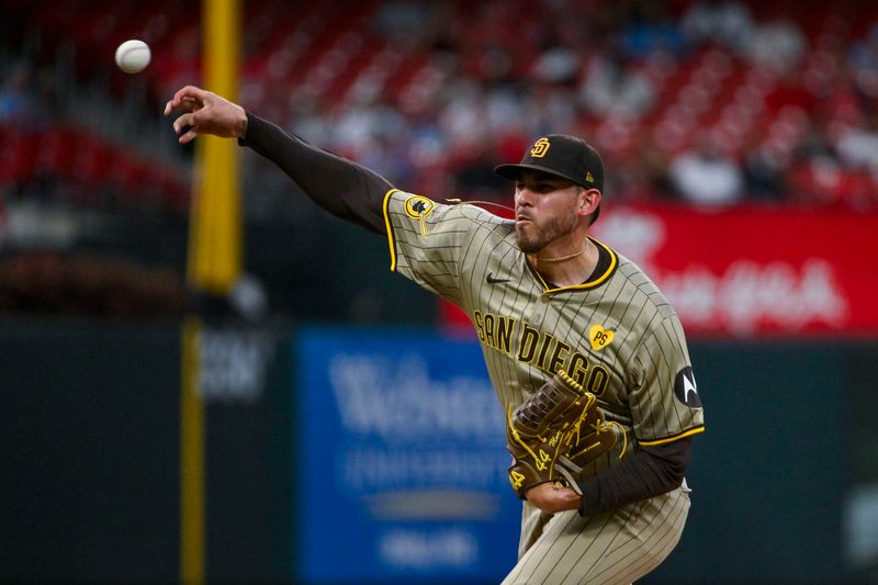 Aug 28, 2024; St. Louis, Missouri, USA;  San Diego Padres starting pitcher Joe Musgrove (44) pitches against the St. Louis Cardinals during the second inning at Busch Stadium. Mandatory Credit: Jeff Curry-USA TODAY Sports