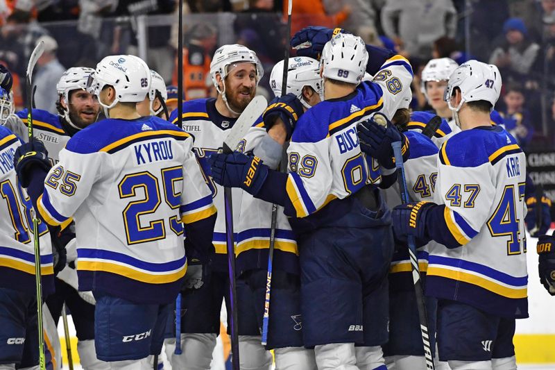 Mar 4, 2024; Philadelphia, Pennsylvania, USA; St. Louis Blues left wing Pavel Buchnevich (89) celebrates his game-winning goal with teammates in the shootout against the Philadelphia Flyers at Wells Fargo Center. Mandatory Credit: Eric Hartline-USA TODAY Sports