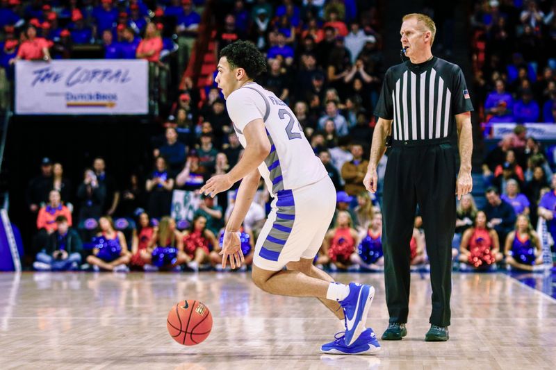 Feb 3, 2024; Boise, Idaho, USA; Air Force Falcons guard Jeffrey Mills (24) dribbles the ball during the first half against the Boise State Broncos ExtraMile Arena. Mandatory Credit: Brian Losness-USA TODAY Sports