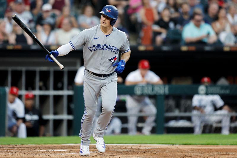 Jul 4, 2023; Chicago, Illinois, USA; Toronto Blue Jays third baseman Matt Chapman (26) walks against the Chicago White Sox during the fourth inning at Guaranteed Rate Field. Mandatory Credit: Kamil Krzaczynski-USA TODAY Sports