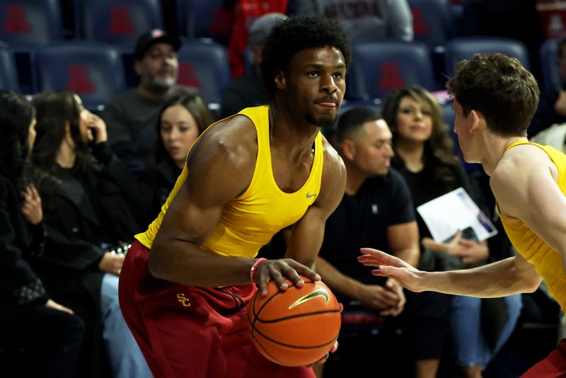 Jan 17, 2024; Tucson, Arizona, USA; USC Trojans guard Bronny James (center) warms up before a game against the Arizona Wildcats at McKale Center. Mandatory Credit: Zachary BonDurant-USA TODAY Sports