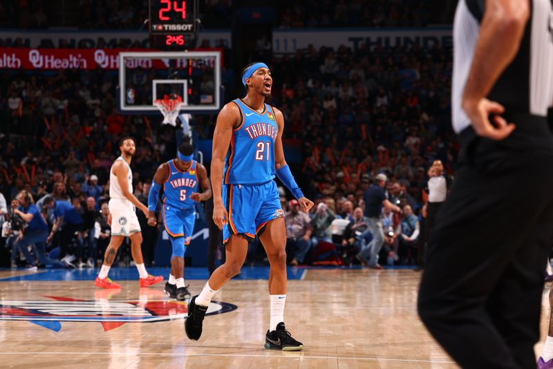 OKLAHOMA CITY, OK - JANUARY 29: Aaron Wiggins #21 of the Oklahoma City Thunder celebrates during the game against the Minnesota Timberwolves on January 29, 2024 at Paycom Arena in Oklahoma City, Oklahoma. NOTE TO USER: User expressly acknowledges and agrees that, by downloading and or using this photograph, User is consenting to the terms and conditions of the Getty Images License Agreement. Mandatory Copyright Notice: Copyright 2024 NBAE (Photo by Zach Beeker/NBAE via Getty Images)