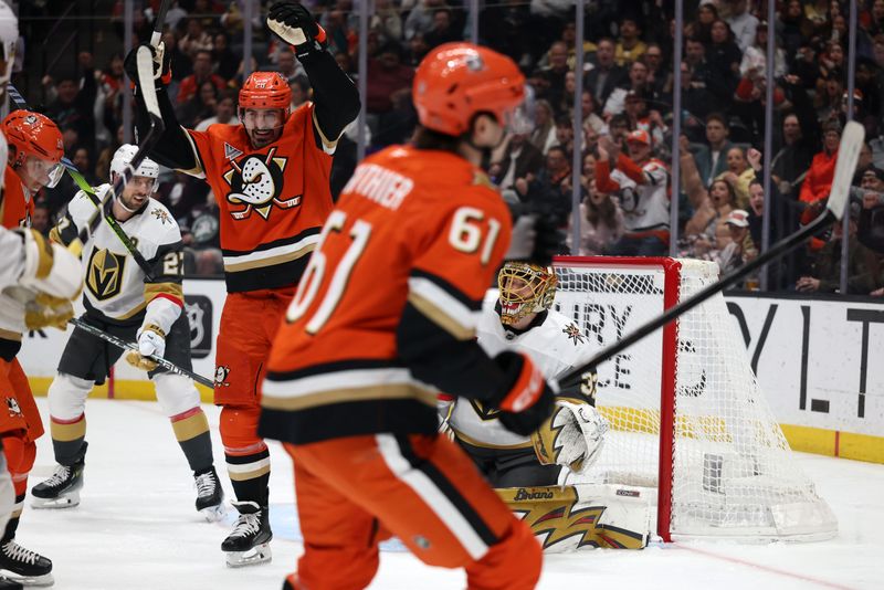 Feb 1, 2026; Anaheim, California, USA;  Anaheim Ducks left wing Chris Kreider (20) celebrates a goal by left wing Cutter Gauthier (61) during the second period against the Vegas Golden Knights at Honda Center. Mandatory Credit: Kiyoshi Mio-Imagn Images