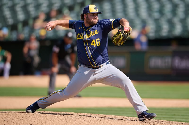 Aug 24, 2024; Oakland, California, USA; Milwaukee Brewers pitcher Bryse Wilson (46) throws a pitch against the Oakland Athletics during the ninth inning at Oakland-Alameda County Coliseum. Mandatory Credit: Robert Edwards-USA TODAY Sports