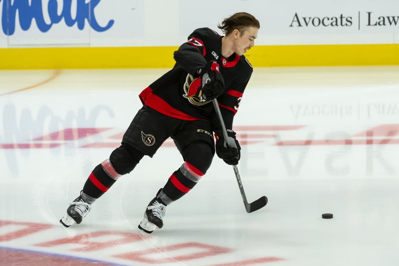 Jan 16, 2025; Ottawa, Ontario, CAN; Ottawa Senators defenseman Donovan Sebrango (37) goes for a hot lap during warmup prior to game against the Washington Capitals at the Canadian Tire Centre. Mandatory Credit: Marc DesRosiers-Imagn Images