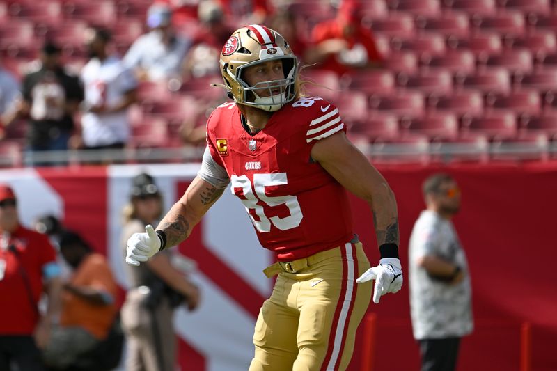 San Francisco 49ers tight end George Kittle warms up before an NFL football game against the Tampa Bay Buccaneers in Tampa, Fla., Sunday, Nov. 10, 2024. (AP Photo/Jason Behnken)