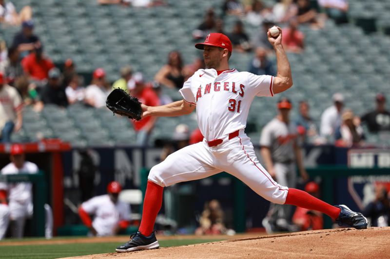 Apr 24, 2024; Anaheim, California, USA;  Los Angeles Angels pitcher Tyler Anderson (31) pitches during the first inning against the Baltimore Orioles at Angel Stadium. Mandatory Credit: Kiyoshi Mio-USA TODAY Sports