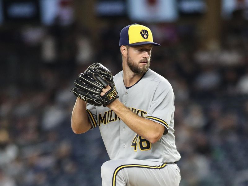 Sep 8, 2023; Bronx, New York, USA;  Milwaukee Brewers starting pitcher Colin Rea (48) pitches in the first inning against the New York Yankees at Yankee Stadium. Mandatory Credit: Wendell Cruz-USA TODAY Sports