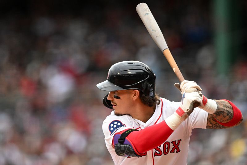 May 25, 2025; Boston, Massachusetts, USA; Boston Red Sox left fielder Jarren Duran (16) bats against the Baltimore Orioles during the first inning at Fenway Park. Mandatory Credit: Brian Fluharty-Imagn Images