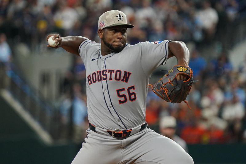 May 17, 2025; Arlington, Texas, USA; Houston Astros pitcher Ronel Blanco (56) throws to the plate during the first inning against the Texas Rangers at Globe Life Field. Mandatory Credit: Raymond Carlin III-Imagn Images