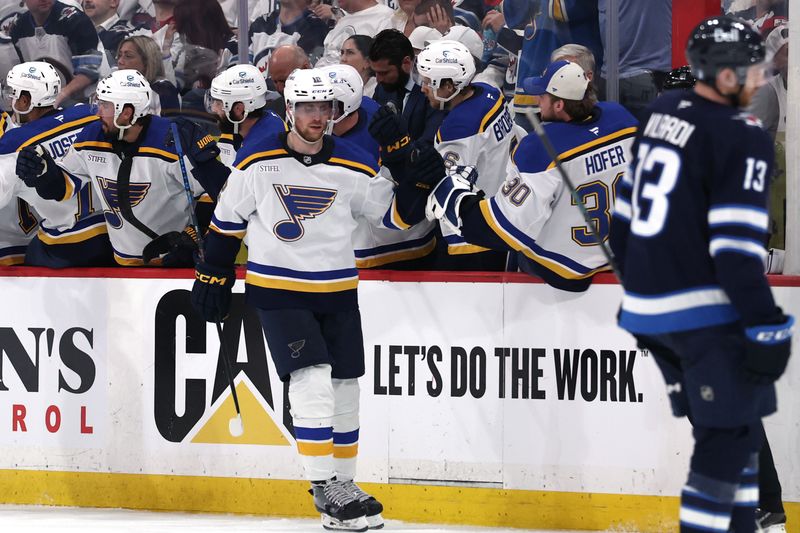 May 4, 2025; Winnipeg, Manitoba, CAN; St. Louis Blues center Radek Faksa (12) celebrates after his goal against the Winnipeg Jets in the second period in game seven of the first round of the 2025 Stanley Cup Playoffs at Canada Life Centre. Mandatory Credit: James Carey Lauder-Imagn Images