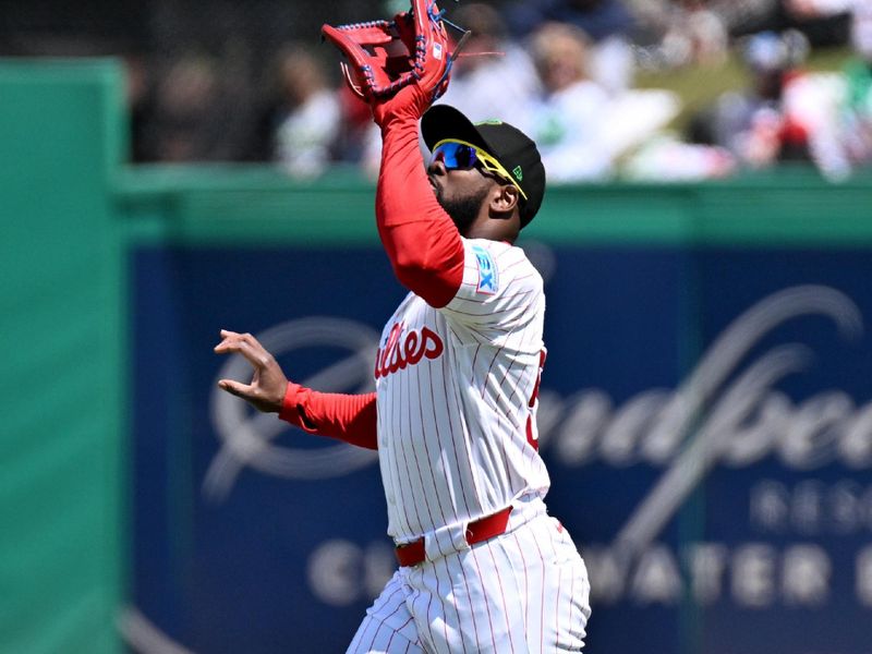 Mar 17, 2026; Clearwater, Florida, USA; Philadelphia Phillies right fielder Adolis Garcia (53) catches a fly ball in the first inning against the Minnesota Twins during spring training  at BayCare Ballpark. Mandatory Credit: Jonathan Dyer-Imagn Images