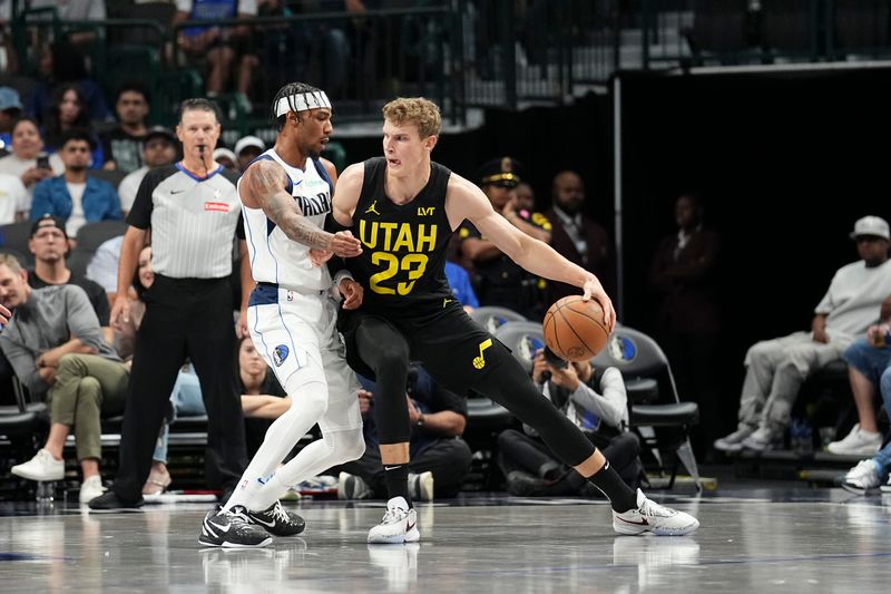 DALLAS, TX - OCTOBER 10: Lauri Markkanen #23 of the Utah Jazz drives to the basket during the game against the Dallas Mavericks on October 10, 2024 at American Airlines Center in Dallas, Texas. NOTE TO USER: User expressly acknowledges and agrees that, by downloading and or using this photograph, User is consenting to the terms and conditions of the Getty Images License Agreement. Mandatory Copyright Notice: Copyright 2024 NBAE (Photo by Glenn James/NBAE via Getty Images)