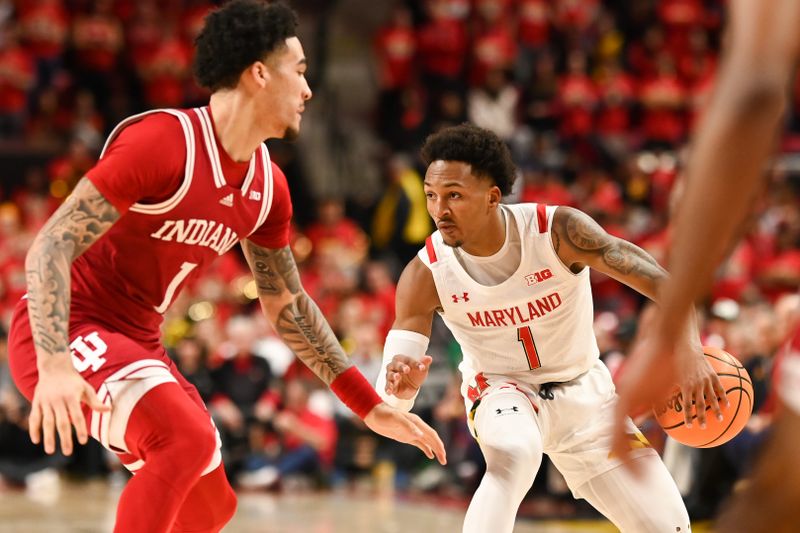 Jan 31, 2023; College Park, Maryland, USA;  Maryland Terrapins guard Jahmir Young (1) as Indiana Hoosiers guard Jalen Hood-Schifino (1) defends during the second half at Xfinity Center. Mandatory Credit: Tommy Gilligan-USA TODAY Sports