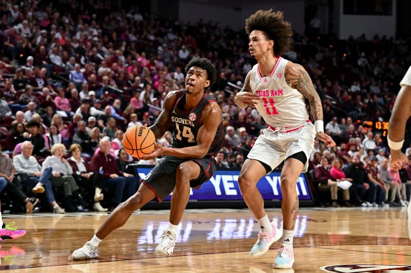 Jan 28, 2025; College Station, Texas, USA; Texas A&M Aggies forward Chris McDermott (14) drives against Texas A&M Aggies forward Andersson Garcia (11) during the second half at Reed Arena. The Aggies defeated the Sooners 75-68. Mandatory Credit: Maria Lysaker-Imagn Images 