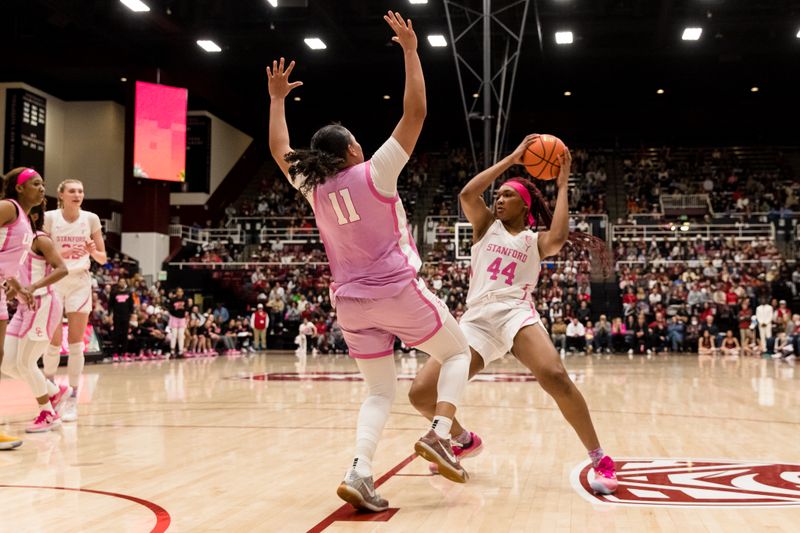 Feb 17, 2023; Stanford, California, USA;  USC Trojans guard Destiny Littleton (11) defends Stanford Cardinal forward Kiki Iriafen (44) during the second half at Maples Pavilion. Mandatory Credit: John Hefti-USA TODAY Sports