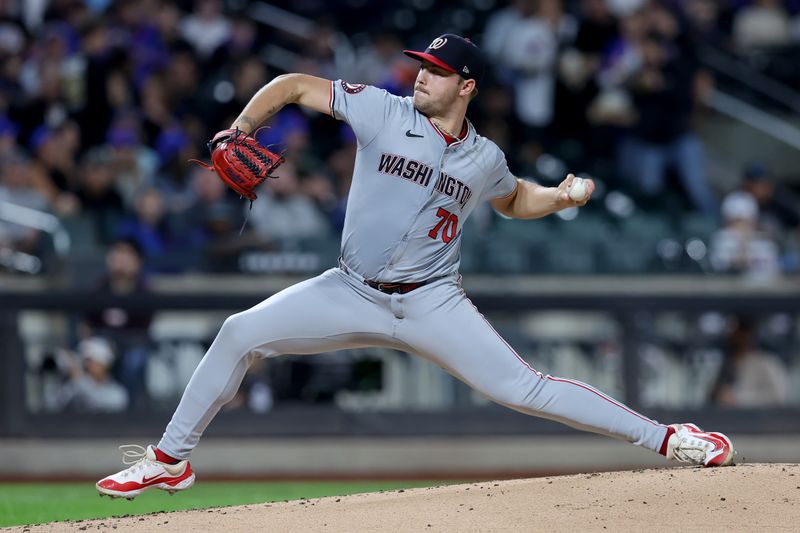 Sep 17, 2024; New York City, New York, USA; Washington Nationals starting pitcher Mitchell Parker (70) pitches against New York Mets during the first inning at Citi Field. Mandatory Credit: Brad Penner-Imagn Images