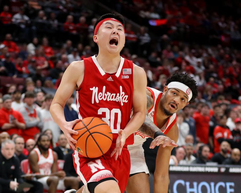 Feb 29, 2024; Columbus, Ohio, USA;  Nebraska Cornhuskers guard Keisei Tominaga (30) moves the ball during the first half against the Ohio State Buckeyes at Value City Arena. Mandatory Credit: Joseph Maiorana-USA TODAY Sports