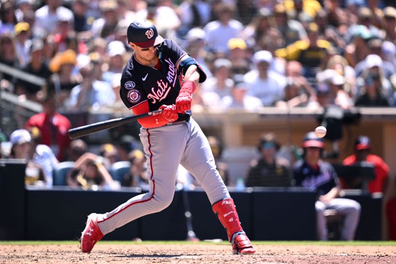 Jun 25, 2023; San Diego, California, USA; Washington Nationals designated hitter Joey Meneses (45) hits an RBI single against the San Diego Padres during the sixth inning at Petco Park. Mandatory Credit: Orlando Ramirez-USA TODAY Sports