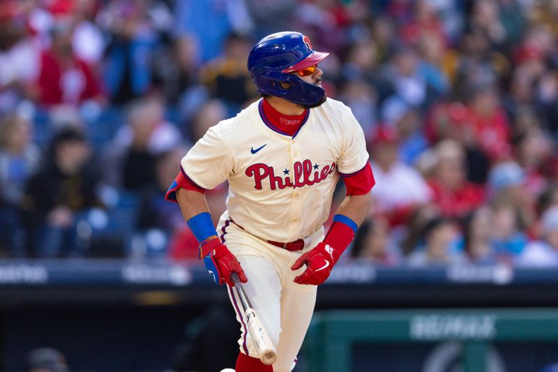 Apr 13, 2024; Philadelphia, Pennsylvania, USA; Philadelphia Phillies designated hitter Kyle Schwarber (12) hits a home run during the first inning against the Pittsburgh Pirates at Citizens Bank Park. Mandatory Credit: Bill Streicher-USA TODAY Sports