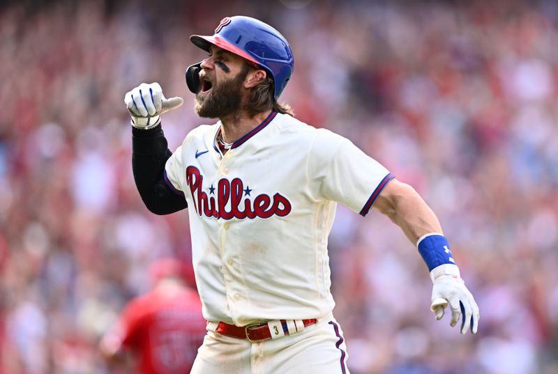 Aug 30, 2023; Philadelphia, Pennsylvania, USA; Philadelphia Phillies first baseman Bryce Harper (3) reacts after hitting a two-run home run against the Los Angeles Angels in the eighth inning at Citizens Bank Park. Mandatory Credit: Kyle Ross-USA TODAY Sports