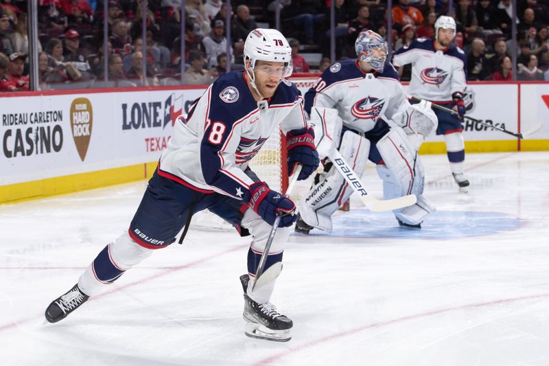 Feb 13, 2024; Ottawa, Ontario, CAN; Columbus Blue Jackets defenseman Damon Severson (78) chases the puck in the first period against the Ottawa Senators at the Canadian Tire Centre. Mandatory Credit: Marc DesRosiers-USA TODAY Sports