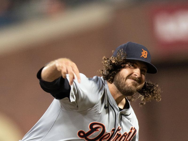 Aug 9, 2024; San Francisco, California, USA; Detroit Tigers pitcher Jason Foley (68) delivers a pitch against the San Francisco Giants during the eighth inning at Oracle Park. Mandatory Credit: D. Ross Cameron-USA TODAY Sports