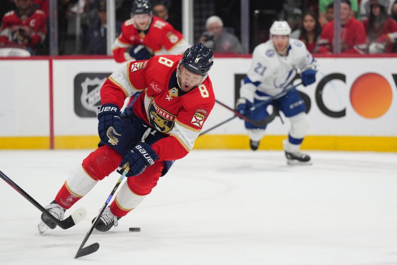 Apr 29, 2024; Sunrise, Florida, USA; Florida Panthers right wing Kyle Okposo (8) tried to block a shot on goal against the Tampa Bay Lightning during the first period in game five of the first round of the 2024 Stanley Cup Playoffs at Amerant Bank Arena. Mandatory Credit: Jim Rassol-USA TODAY Sports