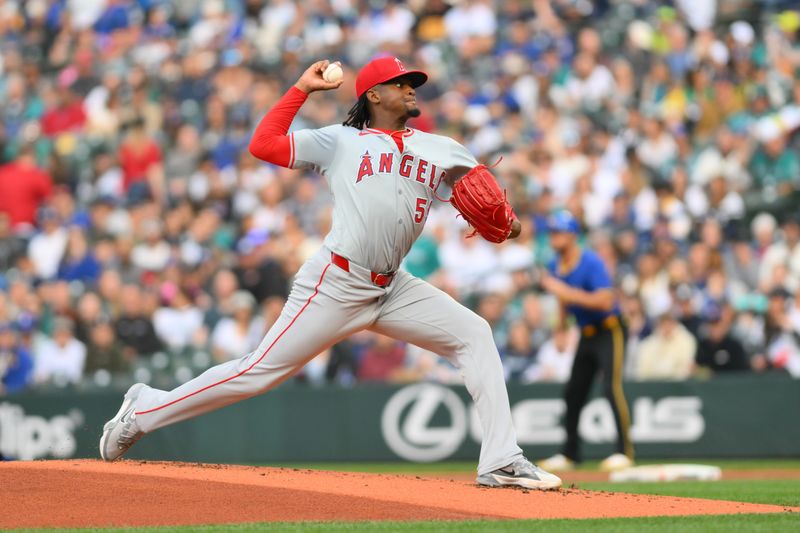 May 31, 2024; Seattle, Washington, USA; Los Angeles Angels starting pitcher Jose Soriano (59) pitches to the Seattle Mariners during the first inning at T-Mobile Park. Mandatory Credit: Steven Bisig-USA TODAY Sports