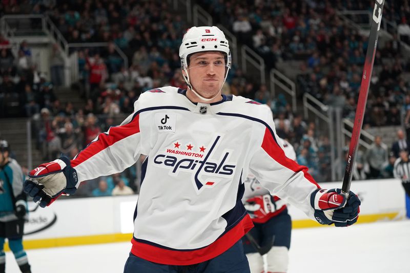Dec 3, 2025; San Jose, California, USA;  Washington Capitals right winger Ryan Leonard (9) celebrates after scoring a goal against the San Jose Sharks in the first period at SAP Center at San Jose. Mandatory Credit: David Gonzales-Imagn Images